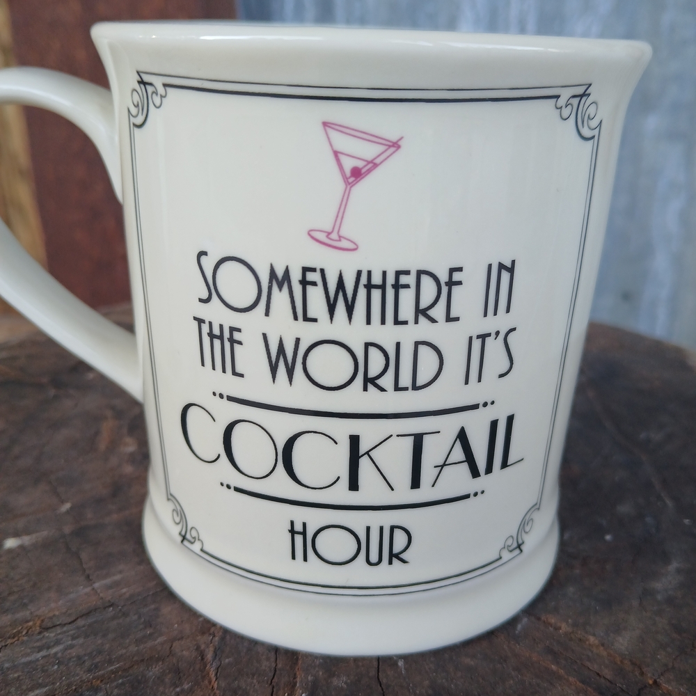 Cocktail Hour Ceramic Mug - White with Pink Accent Humor Fun Coffee Cup
